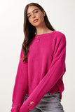 Koyu Pembe Yırtık Detaylı Oversize Triko Kazak ki00098