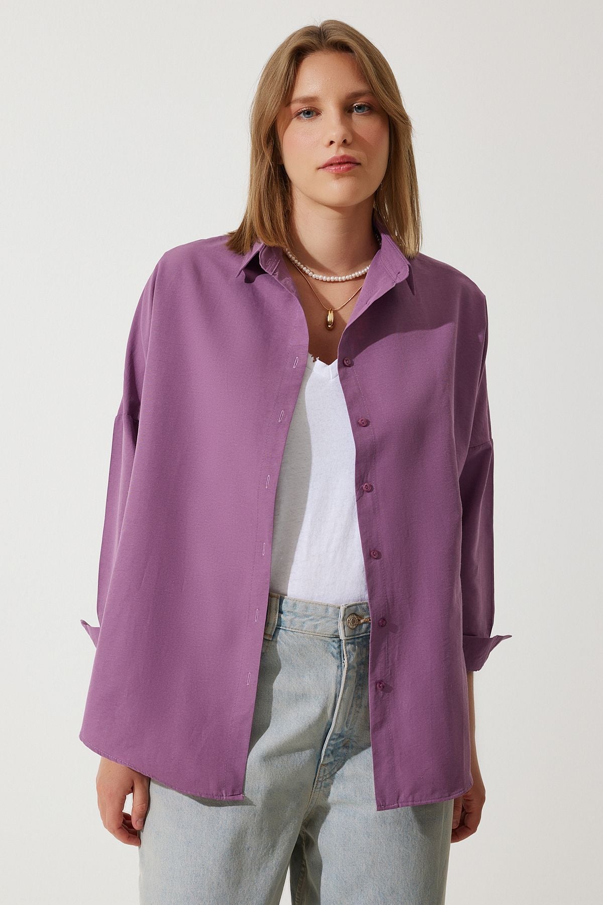 Koyu Lila Oversize Uzun Basic Gömlek DD00842