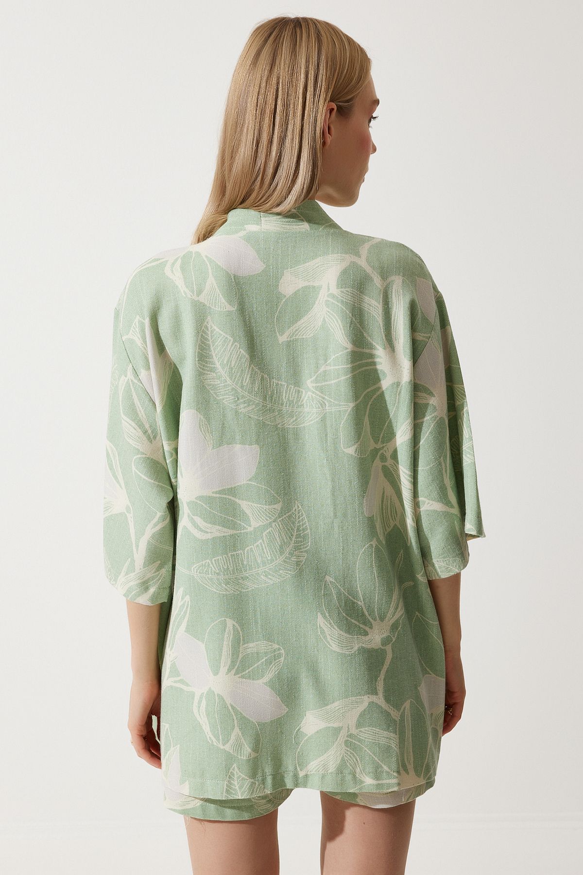 Çağla Yeşili Tropik Desenli Yazlık Ham Keten Kimono Şort BP00157