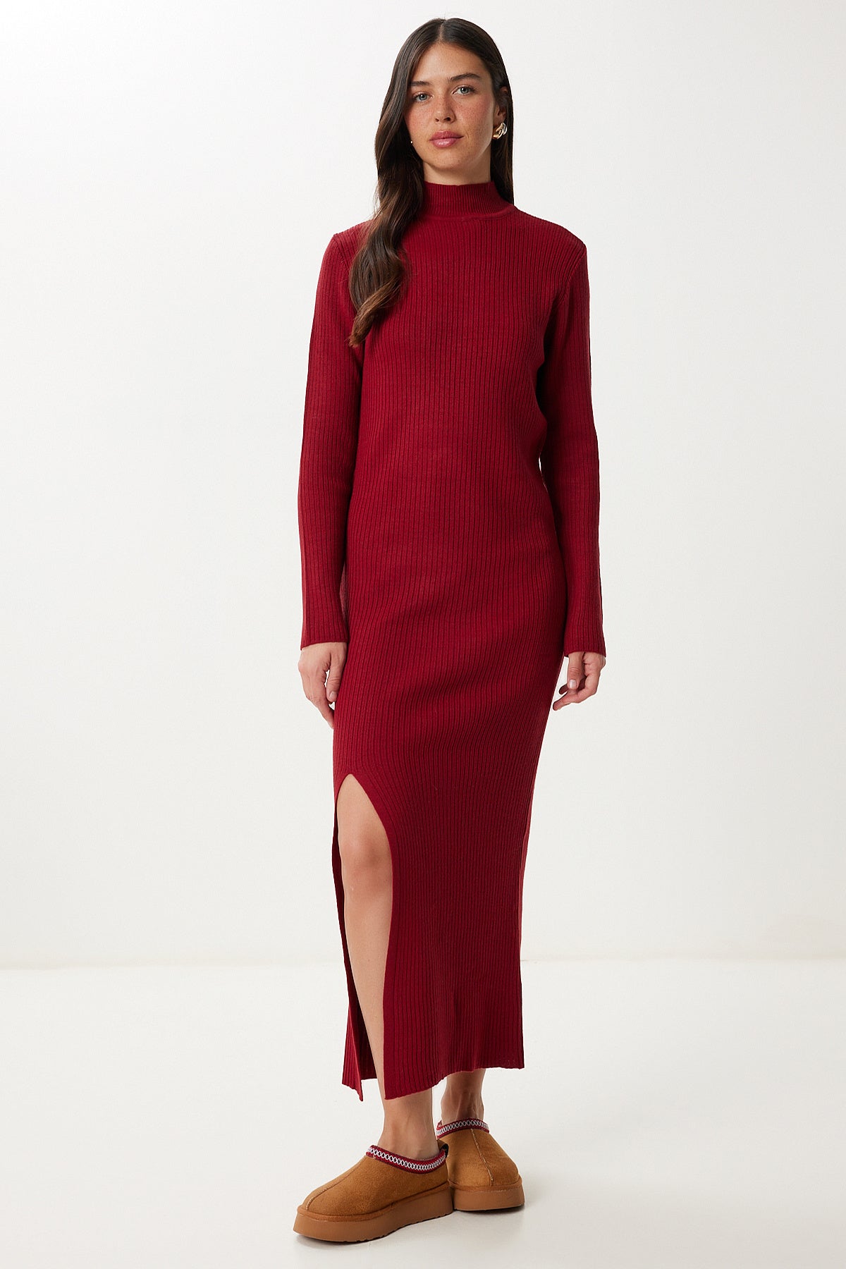Bordo Yırtmaçlı Esnek Triko Elbise YY00257