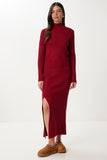 Bordo Yırtmaçlı Esnek Triko Elbise YY00257