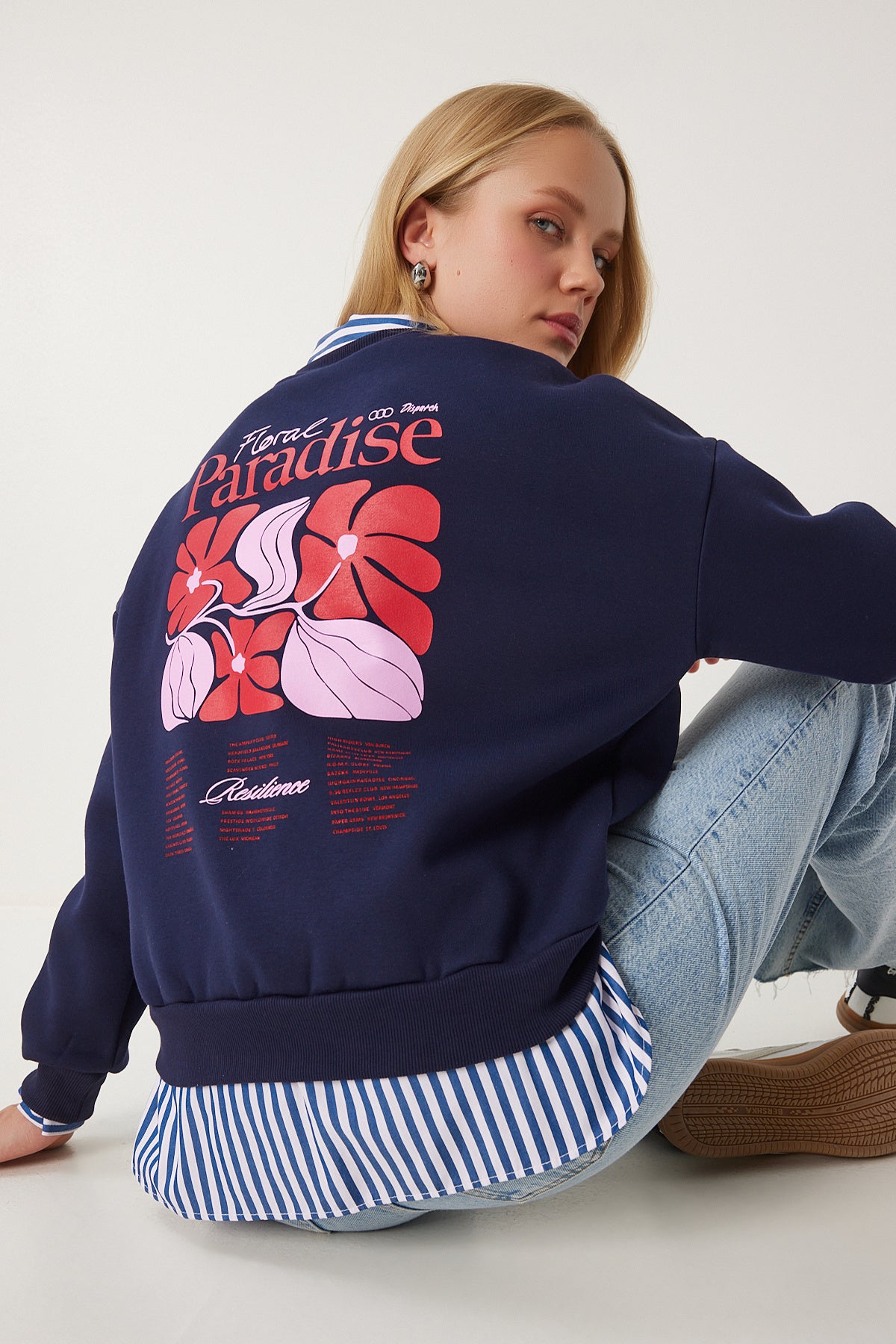 Lacivert Baskılı Şardonlu Örme Sweatshirt BF00099