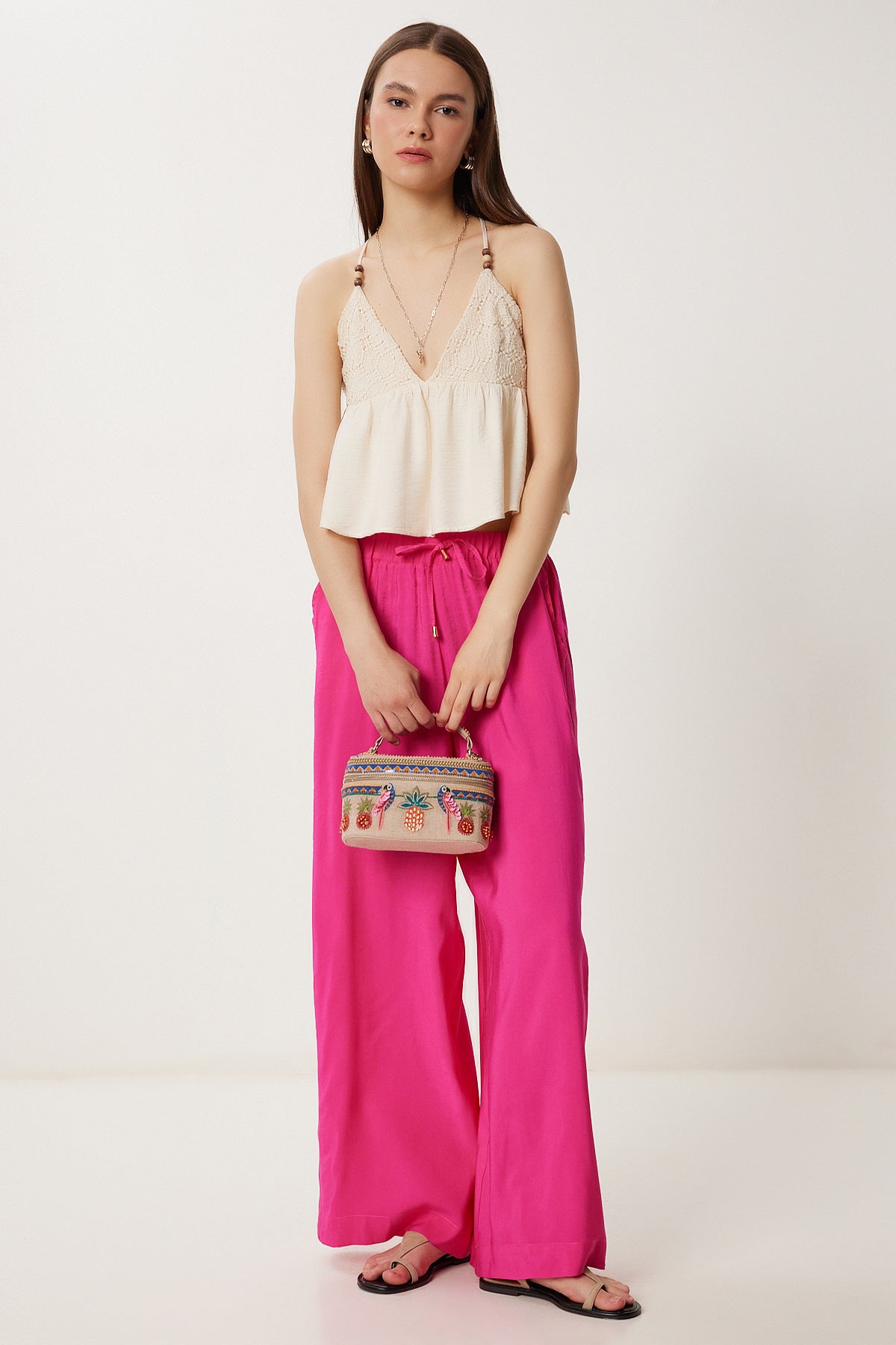Koyu Pembe Geniş Paça Rahat Yazlık Pantolon WF00117