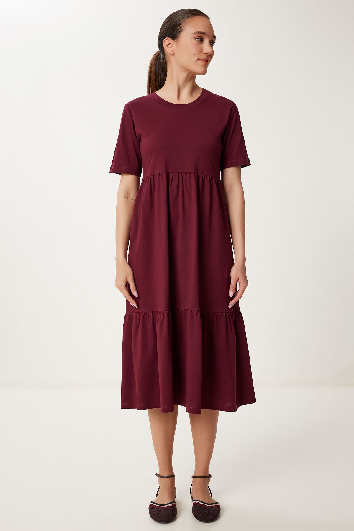 Bordo Oversize Volanlı Yazlık Örme Elbise CR00475