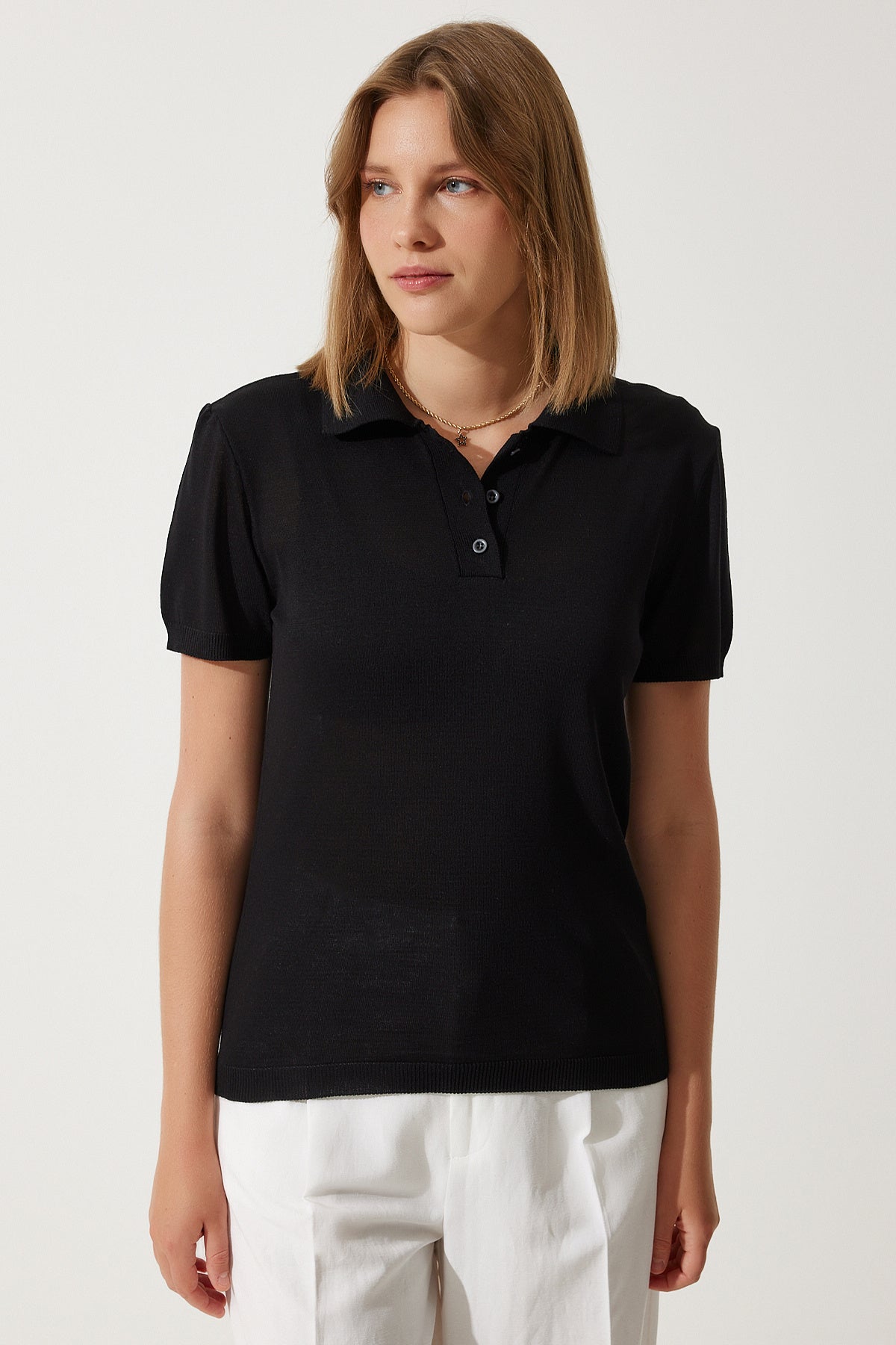 Siyah Polo Yaka Hafif Transparan Yazlık Triko Bluz YY00209