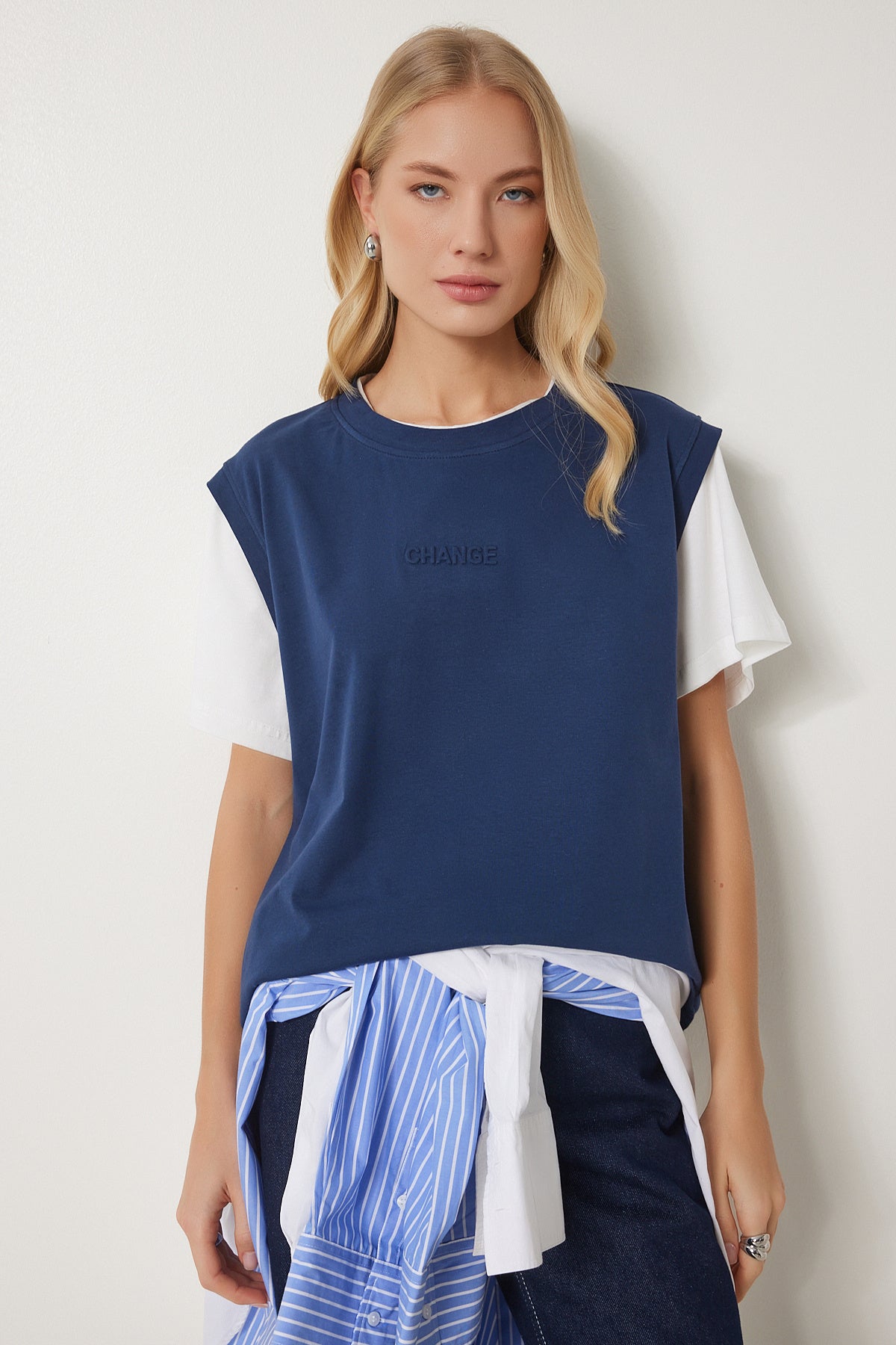 Lacivert Kontrast Renkli Pamuklu Örme T-Shirt CR00459