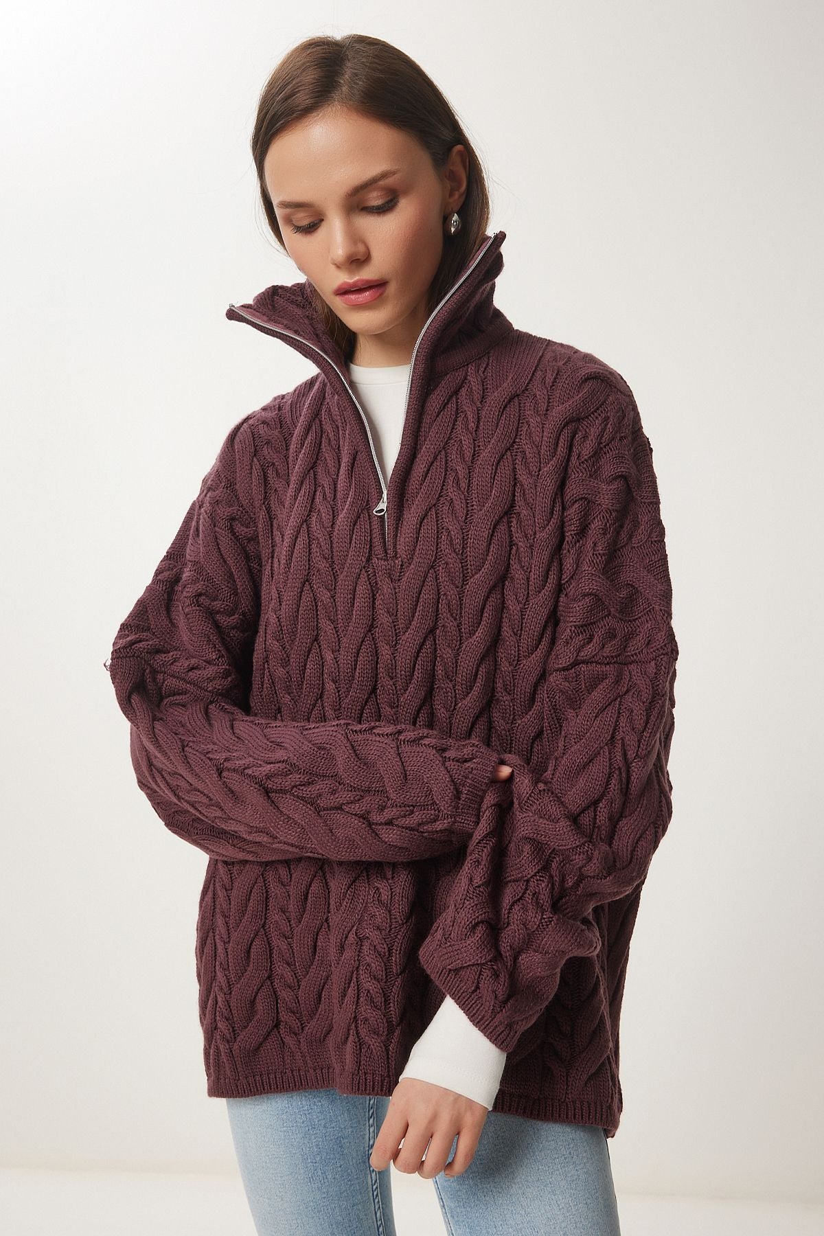 Açık Bordo Fermuarlı Dik Yaka Kalın Oversize Triko Kazak US01005