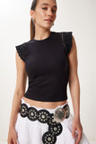 Siyah Fistolu Fitilli Örme Bluz UB00387