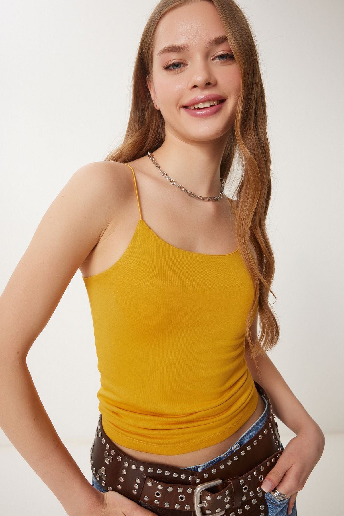 Sarı Haki İp Askılı 2'Li Örme Bluz LD00045