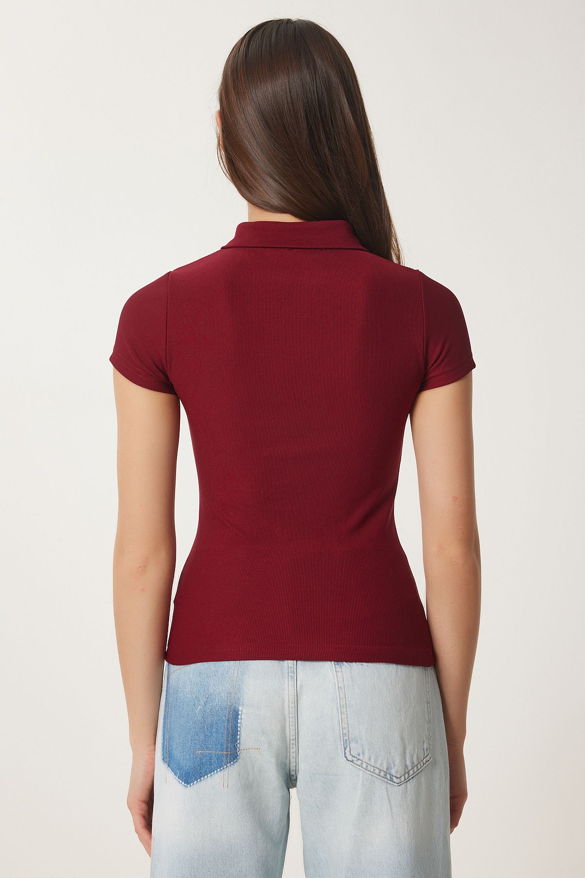 Bordo Polo Yaka Fermuarlı Örme Bluz CI00114