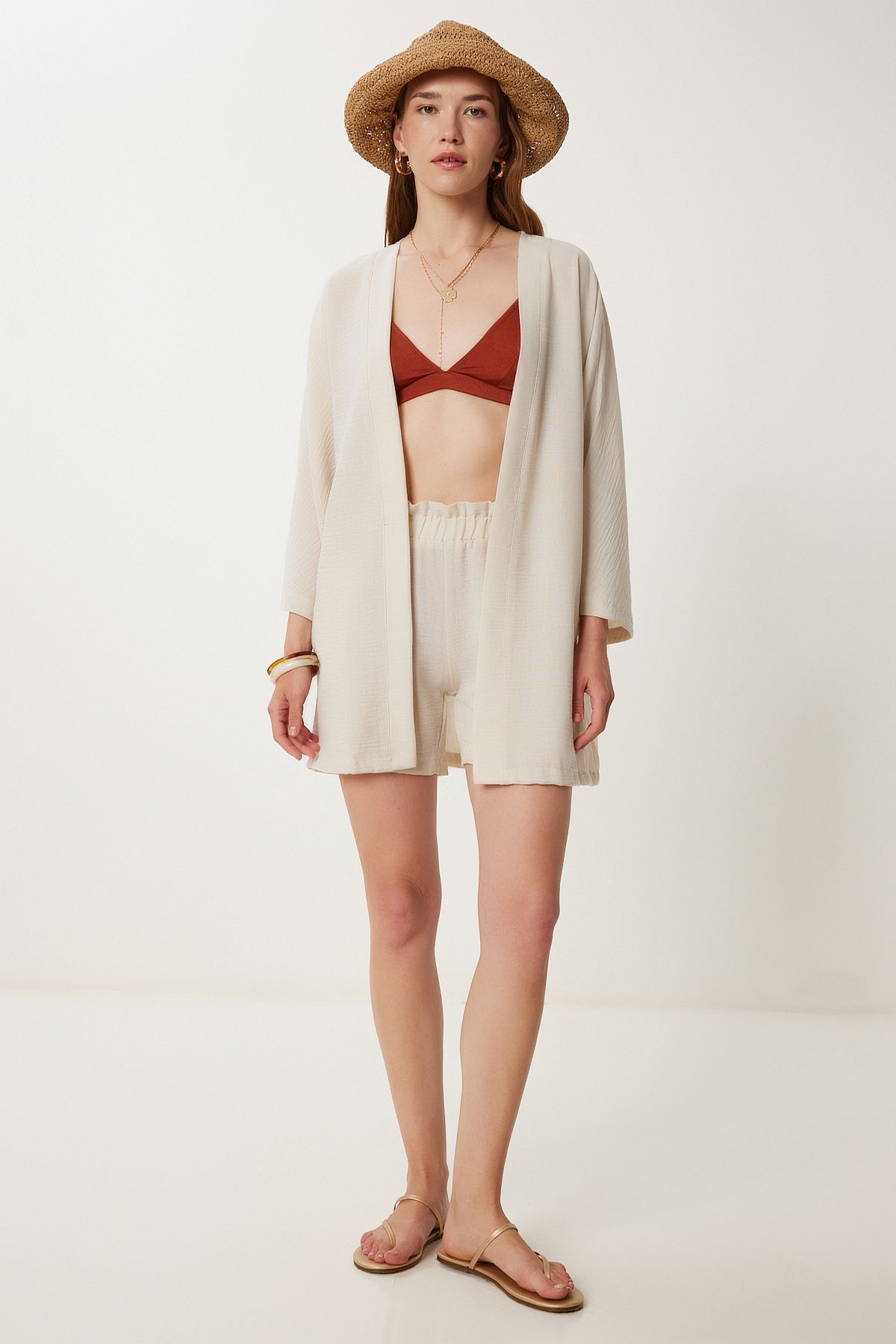 Taş Keten Kimono Şort Takım WF00105
