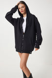 Siyah Kapüşonlu Şardonlu Fermuarlı Oversize Sweatshirt VN00015