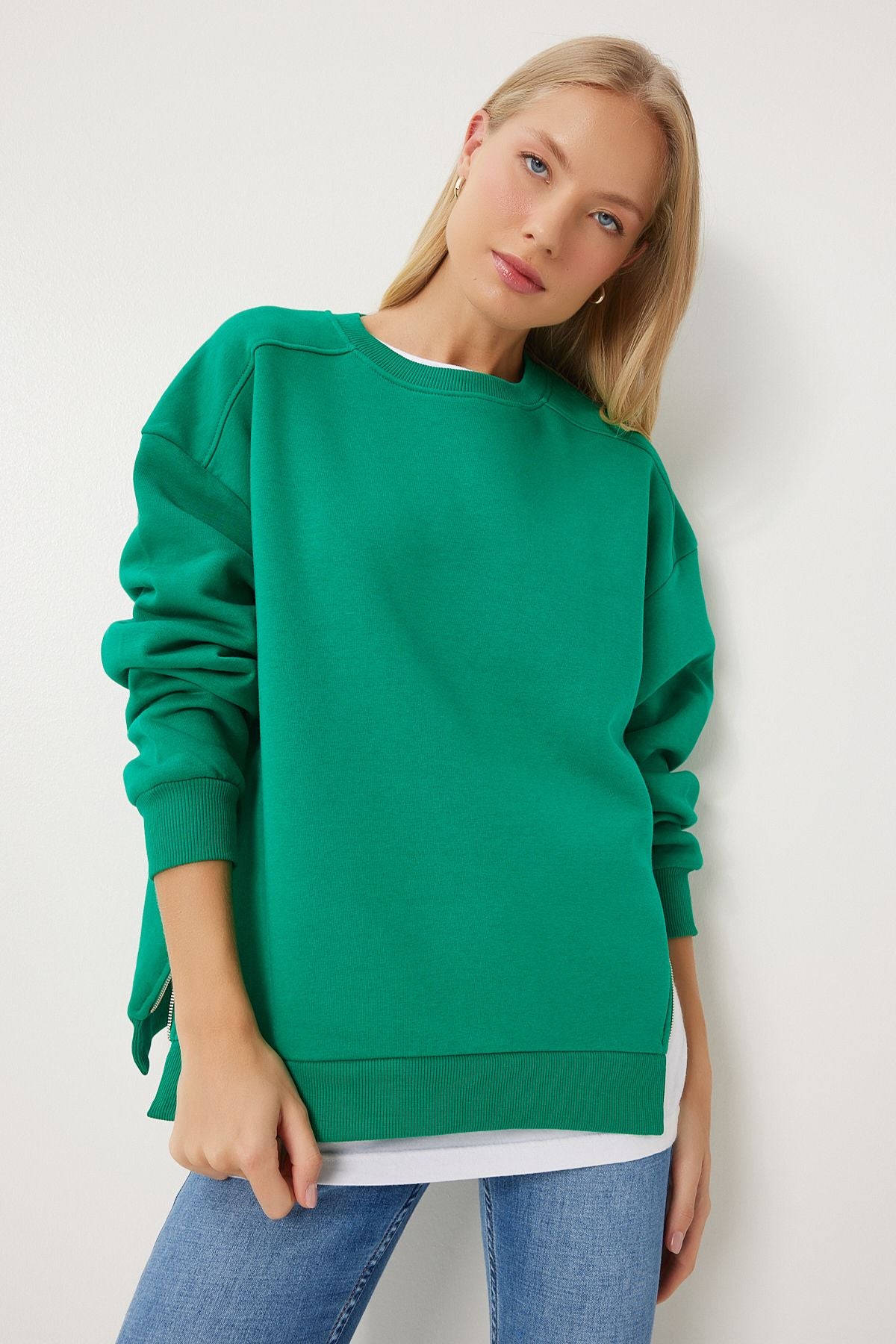 Koyu Yeşil Fermuar Detaylı Şardonlu Örme Sweatshirt UB00148
