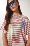 Krem Bordo Çizgili Baskılı Örme T-Shirt CR00487