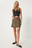 Siyah Bej Leopar Desenli Mini Denim Etek UL00041