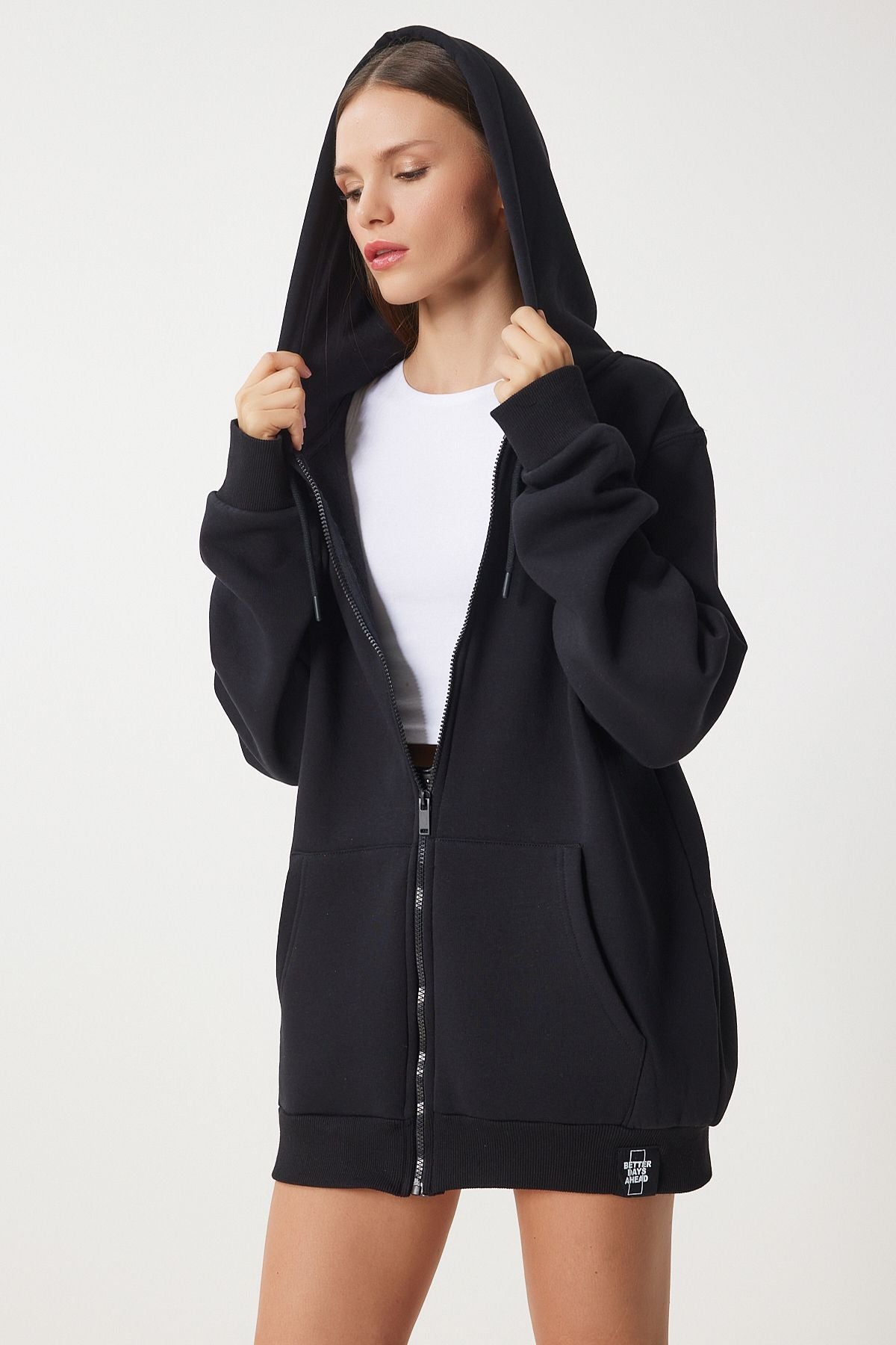 Siyah Kapüşonlu Şardonlu Fermuarlı Oversize Sweatshirt VN00015