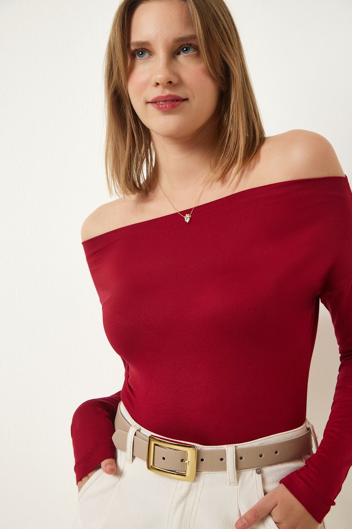 Bordo Kayık Yaka Örme Bluz RX00046
