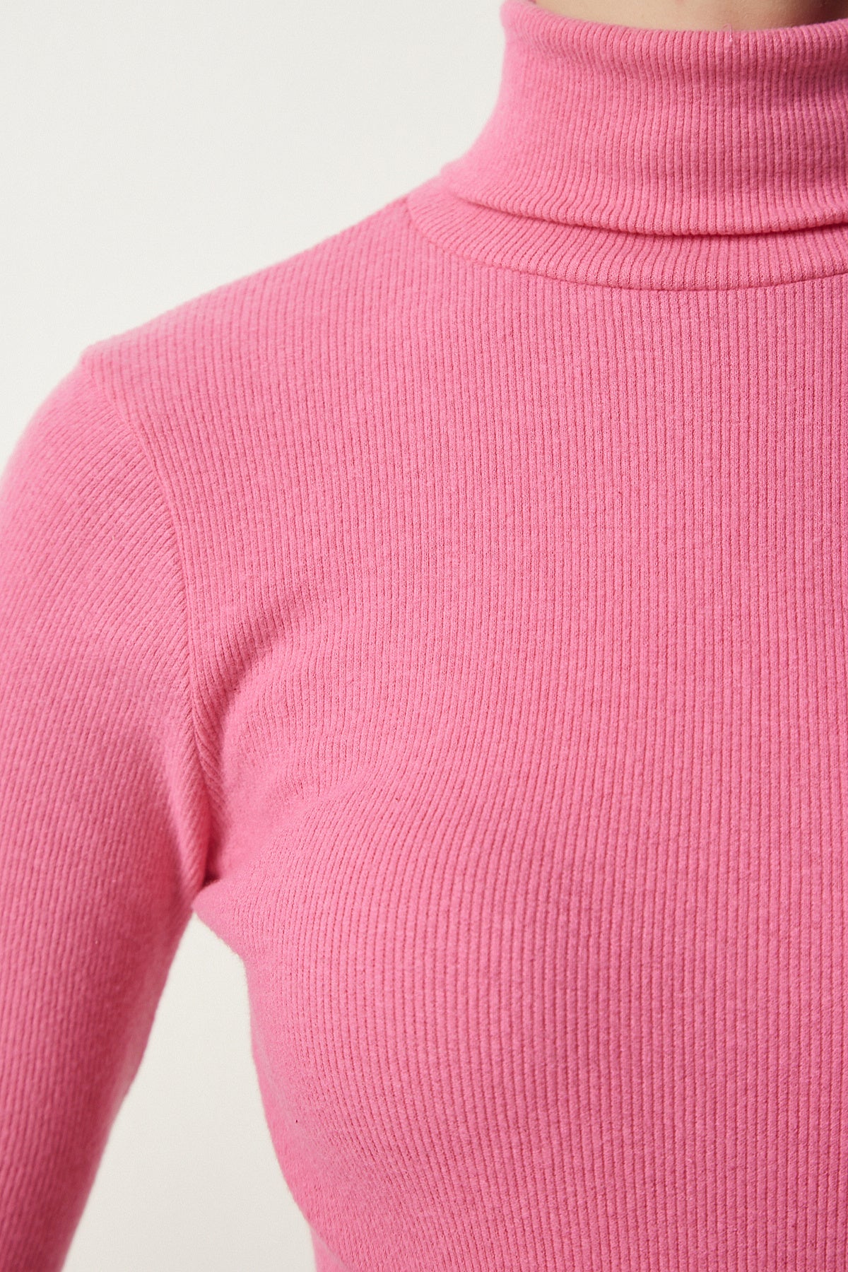 Pembe Balıkçı Yaka Fitilli Örme Bluz HJ00008