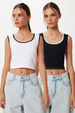 Siyah Beyaz 2'Li Paket Askılı Seamless Fitilli Crop Örme Atlet UB00401