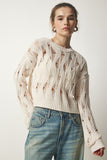 Krem Yırtık Detaylı Ajurlu Crop Triko BV00112