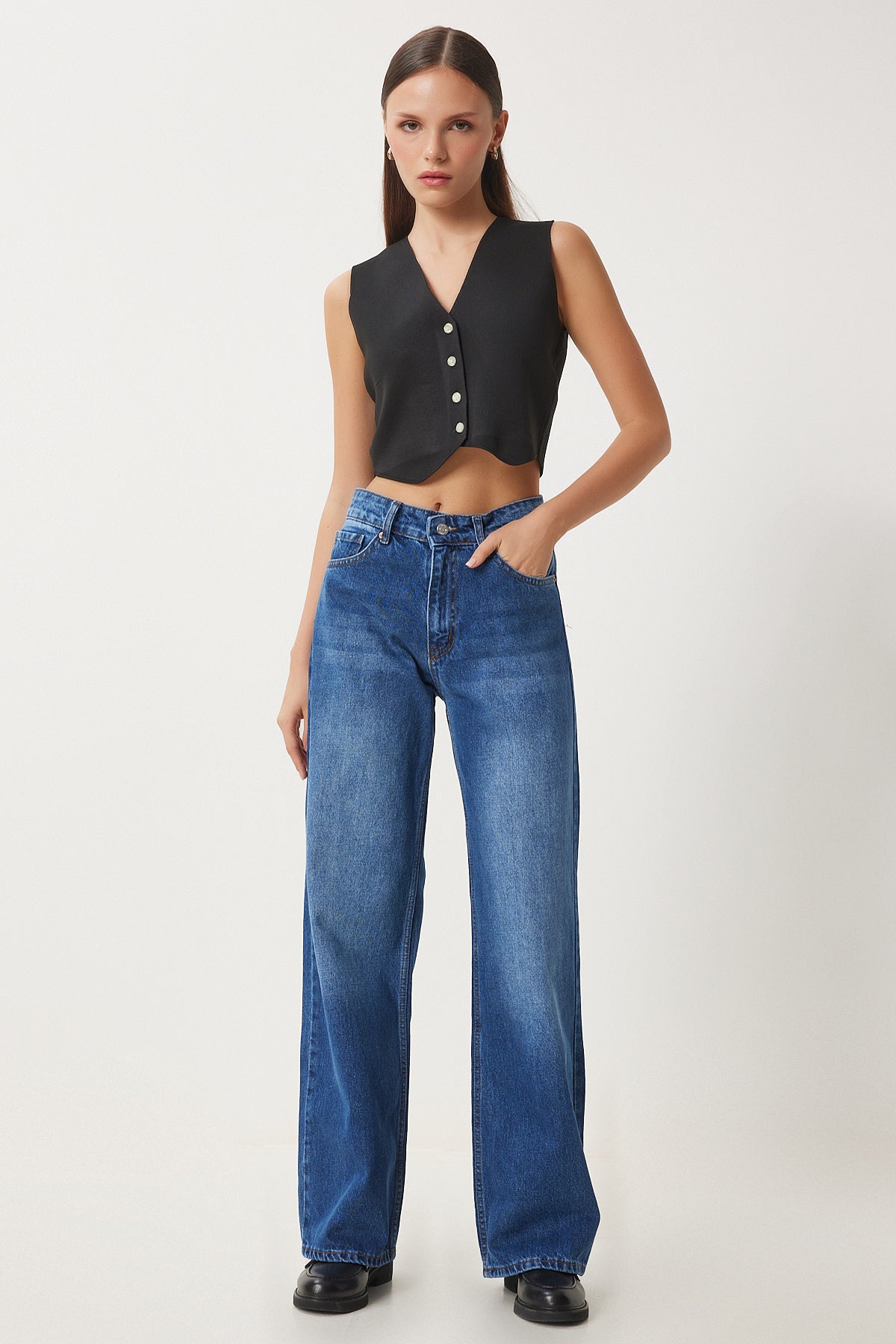 Mavi Orta Bel Geniş Paça Bol Jeans UT00023