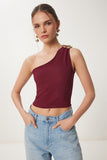 Bordo Tek Omuz Tokalı Fitilli Crop Bluz KH00096