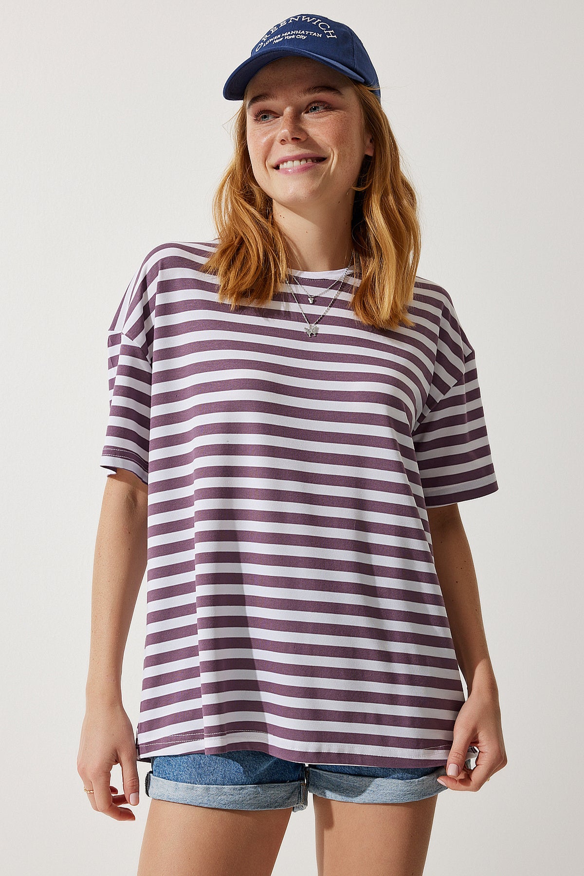 Leylak Bisiklet Yaka Çizgili Oversize Örme T-Shirt EN00609