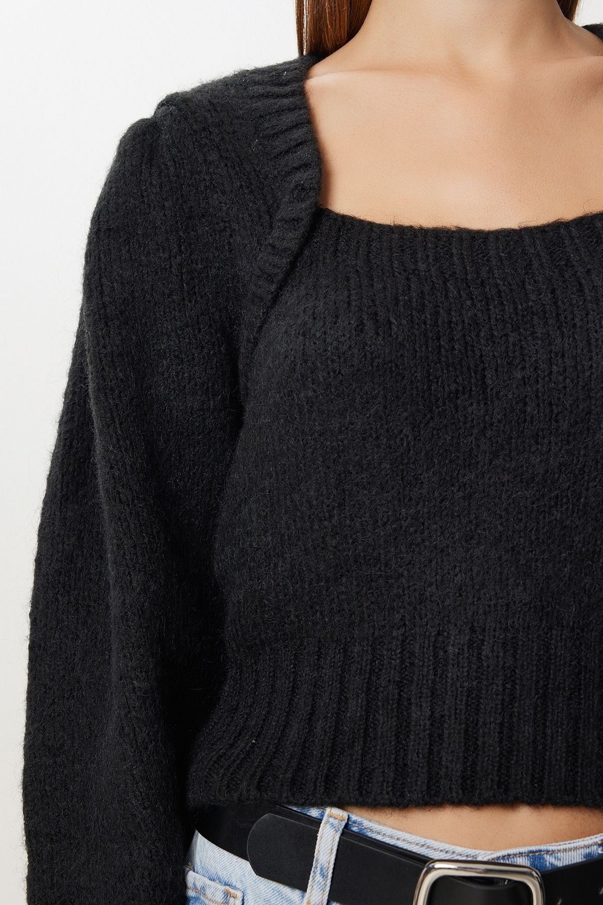 Siyah Bolero Görünümlü Crop Triko Kazak NV00084