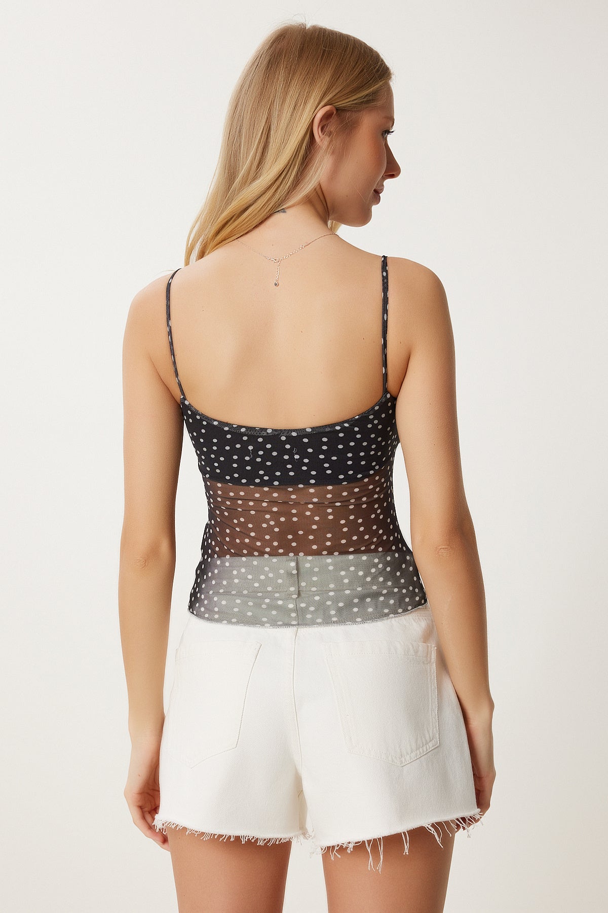 Siyah Puantiyeli Askılı Crop Tül Bluz UB00392