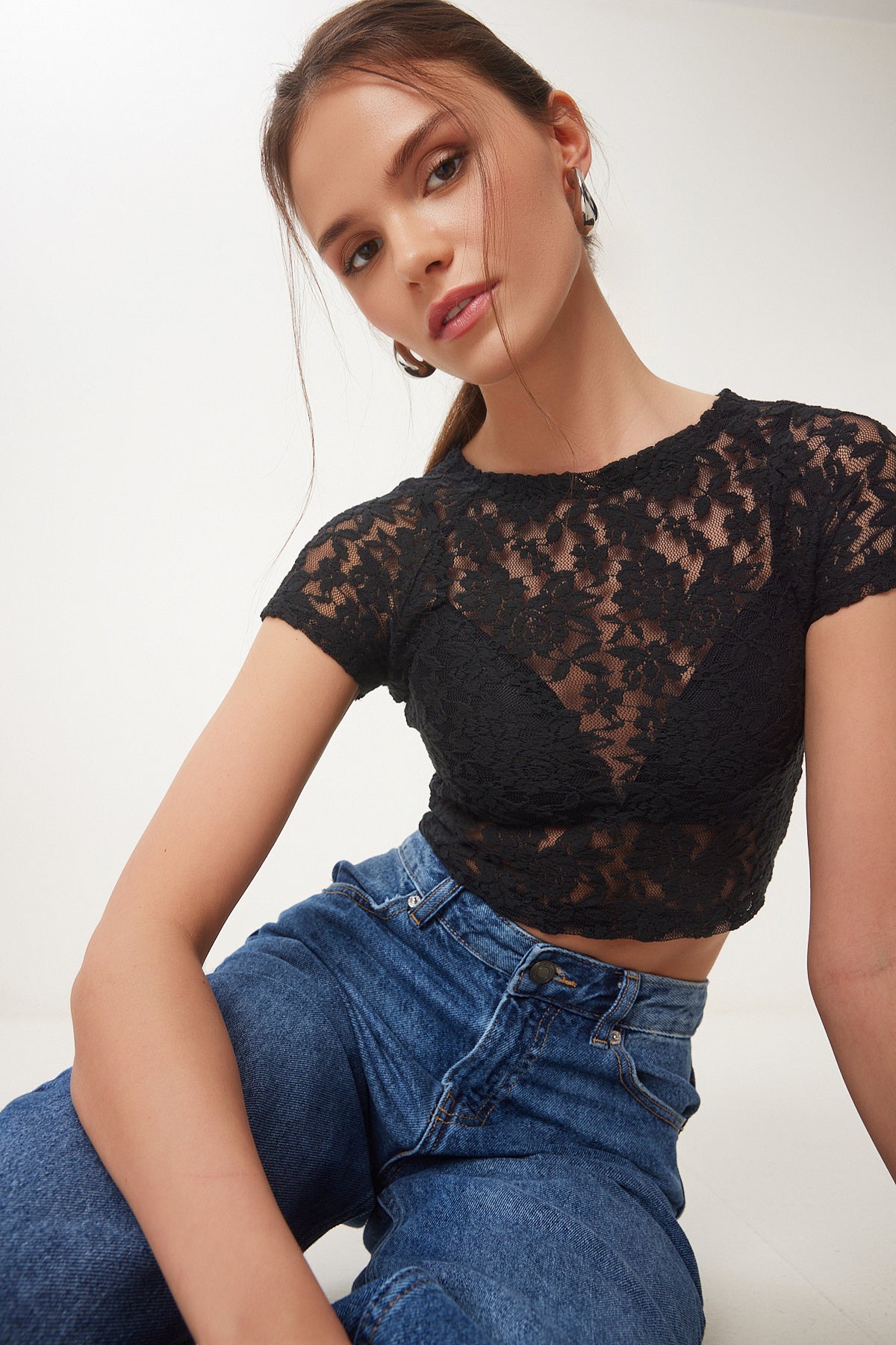 Siyah Dantelli Esnek Crop Bluz KH00094