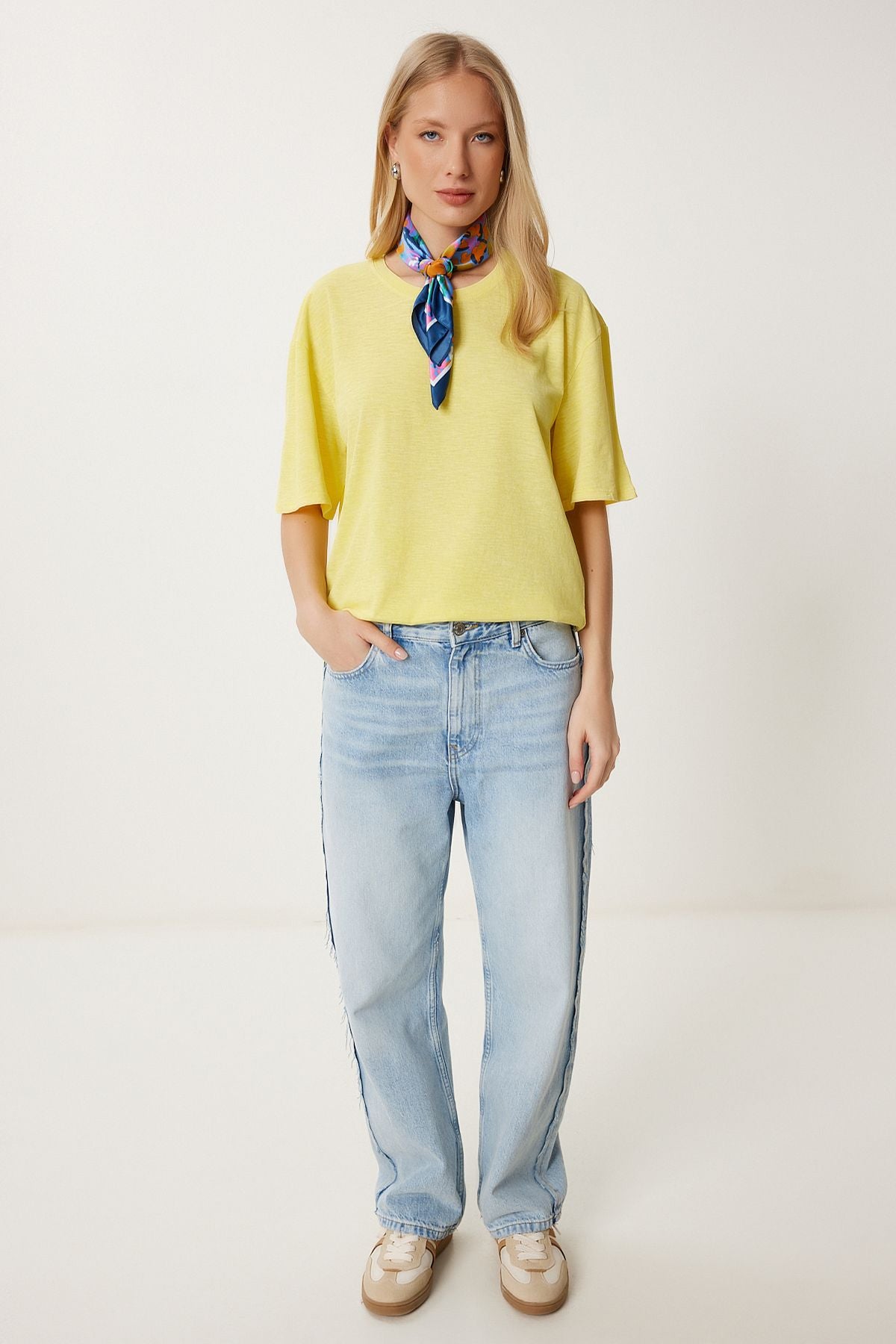 Sarı Yıkamalı Basic Örme T-Shirt AN00258