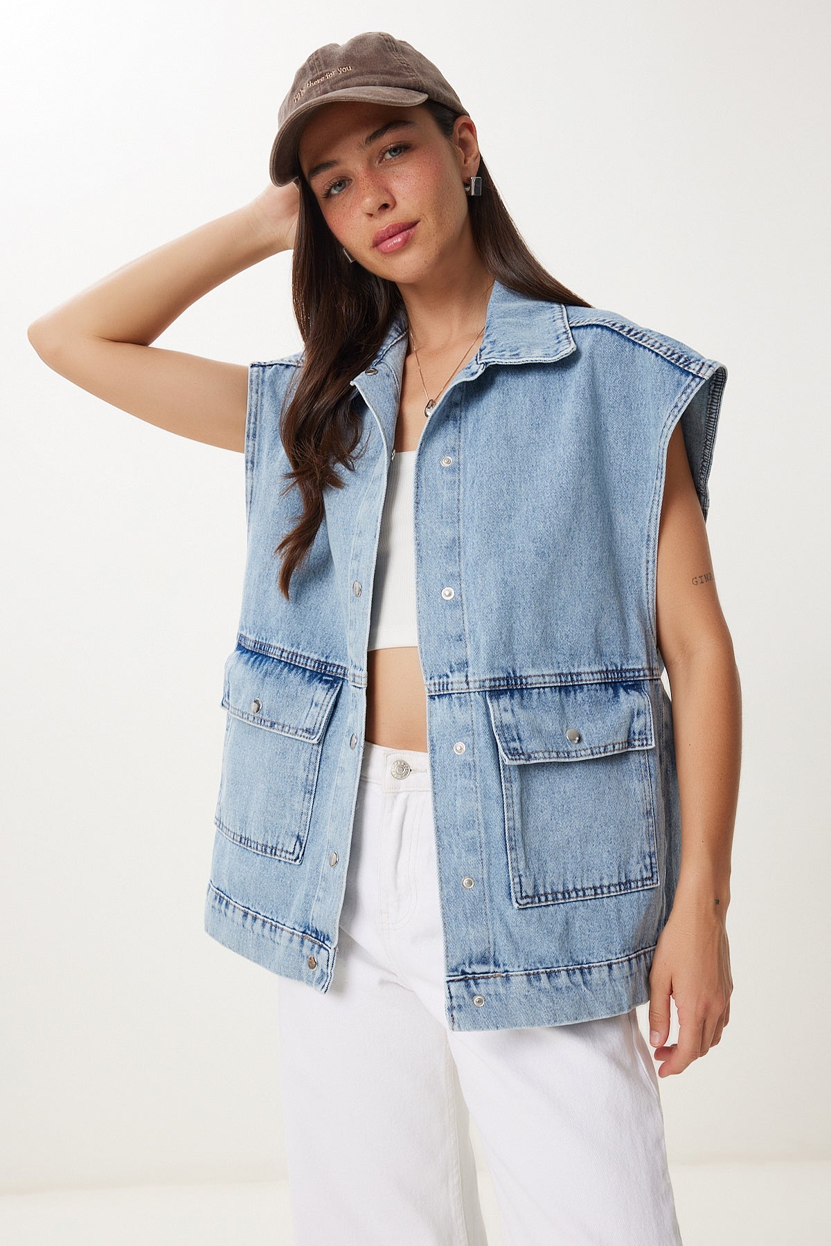 Açık Mavi Polo Yaka Cepli Denim Yelek RV00213