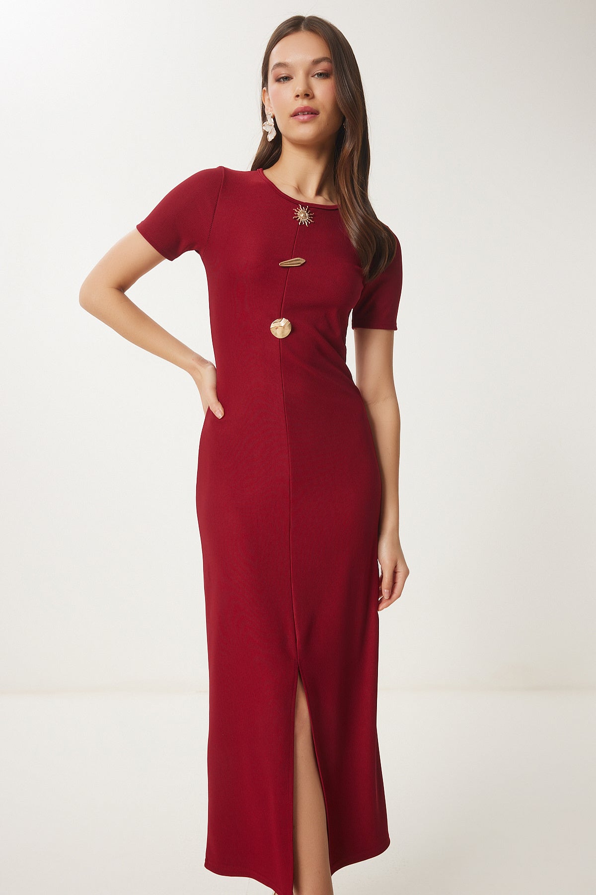 Bordo Dore Aksesuarlı Fitilli Örme Elbise ZH00045