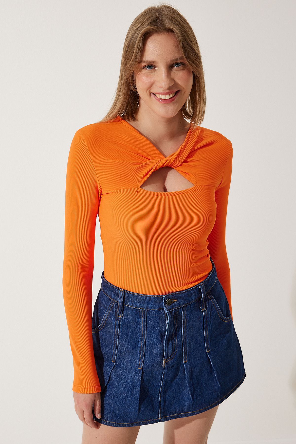 Oranj Cut Out Detaylı Fitilli Örme Bluz SF00005