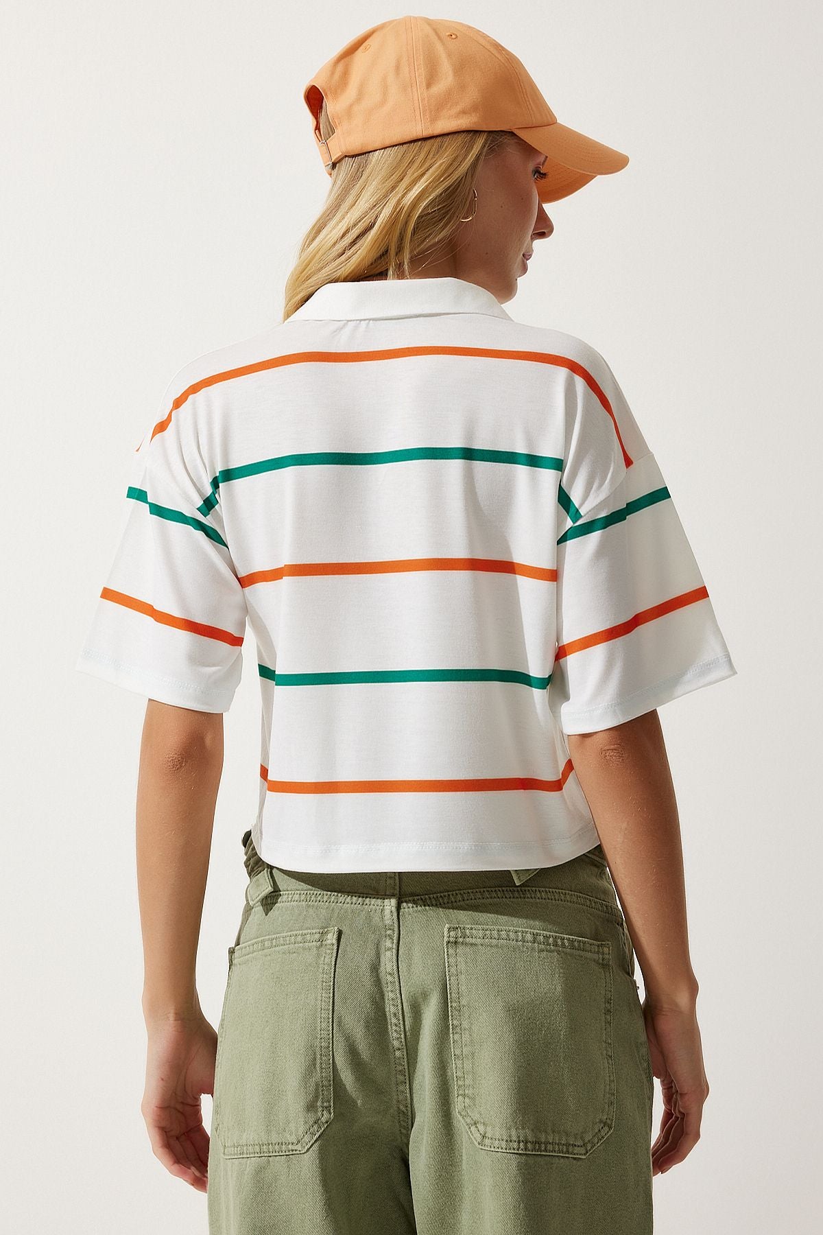 Ekru Oranj Polo Yaka Çizgili Kısa Örme T-Shirt HF00454