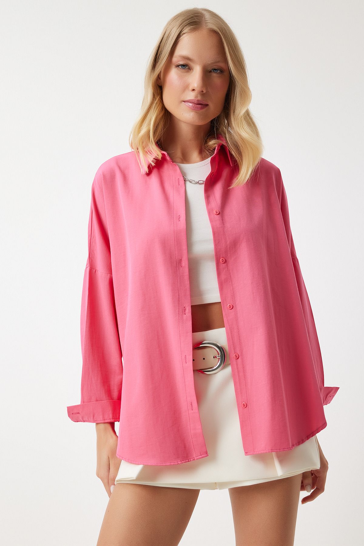 Pembe Oversize Uzun Basic Gömlek MX00167
