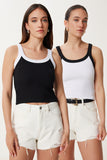 Siyah Beyaz 2’li Paket Kontrast Renkli Crop Fitilli Atlet US00973