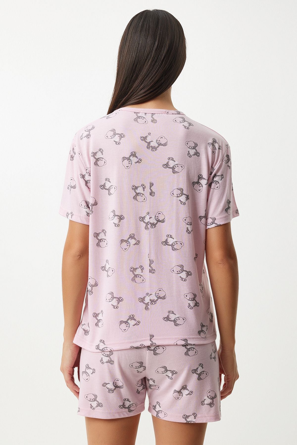 Açık Pembe Desenli Viskon Şort T-Shirt Pijama Takımı EC00045