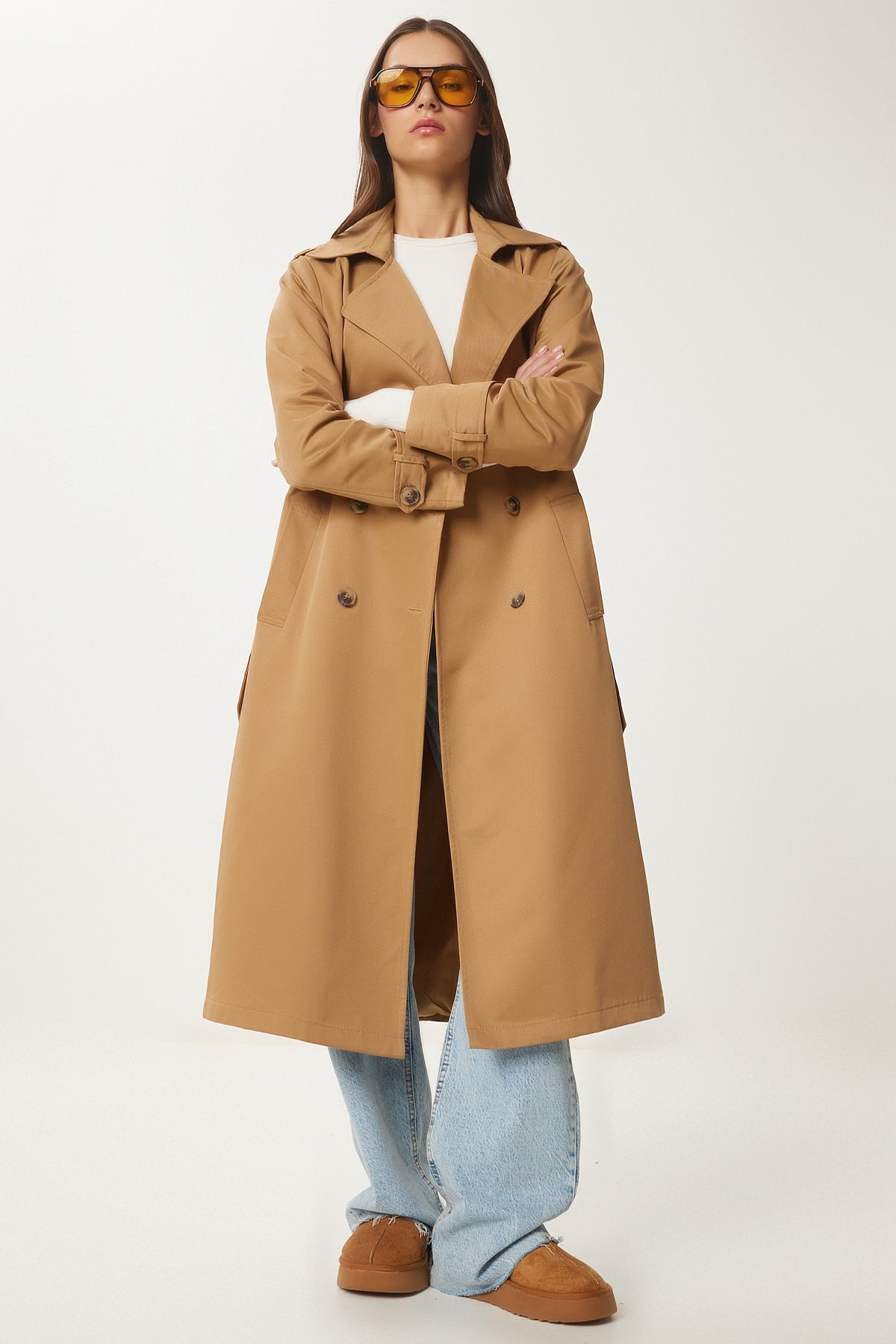 Camel Kruvaze Yaka Kuşaklı Mevsilik Trençkot DD01346