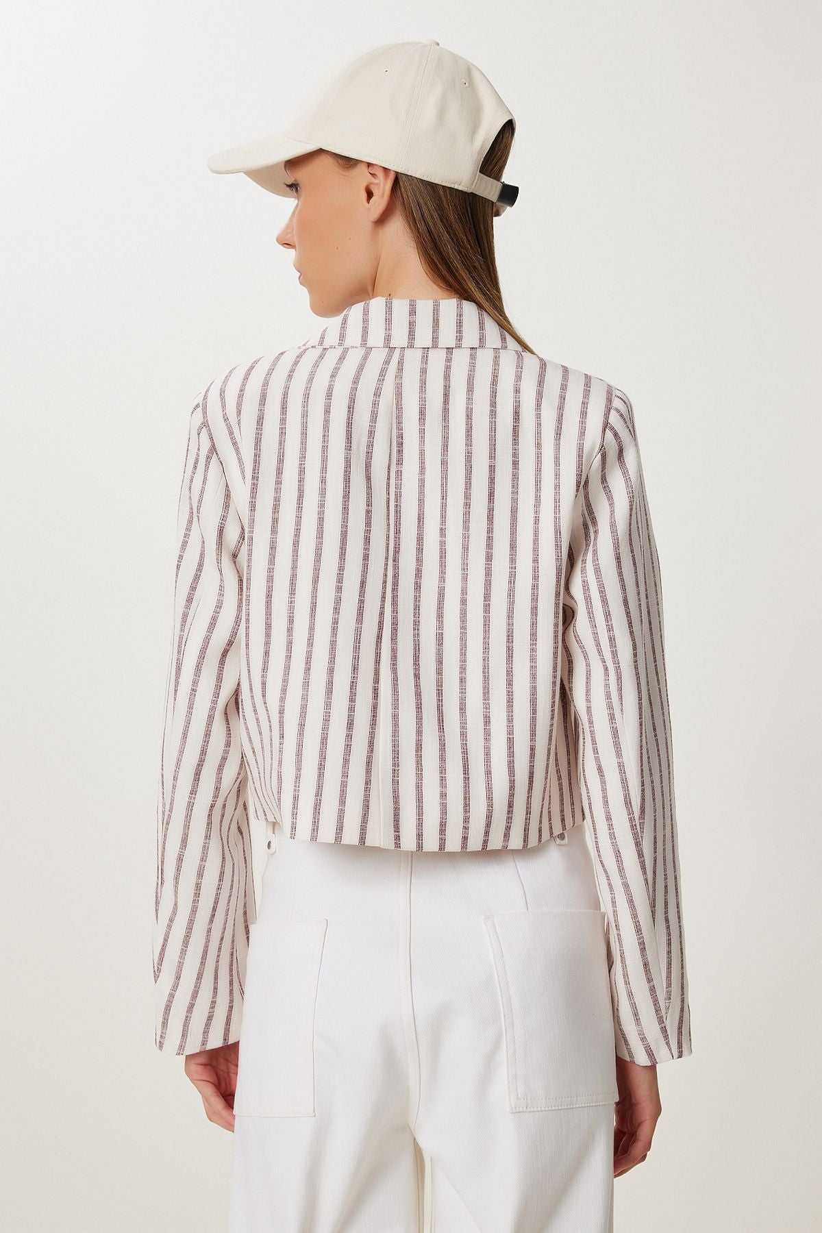 Kemik Bordo Vatkalı Keten Crop Ceket MX00254
