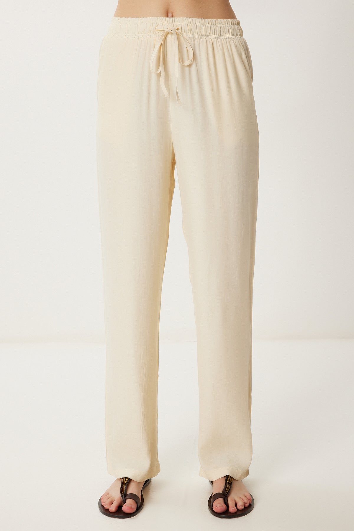 Krem Desenli Yazlık Viskon Pantolon WF00110