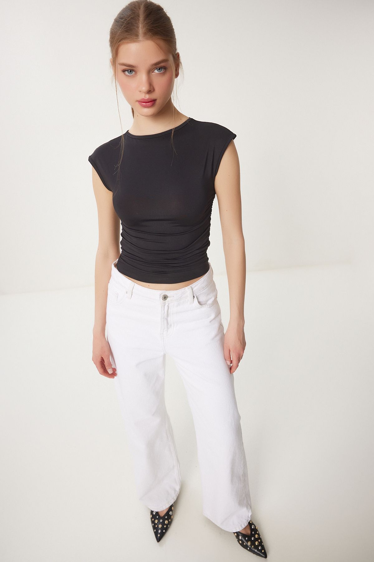 Siyah Büzgülü Sandy Crop Bluz AN00229