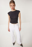 Siyah Büzgülü Sandy Crop Bluz AN00229