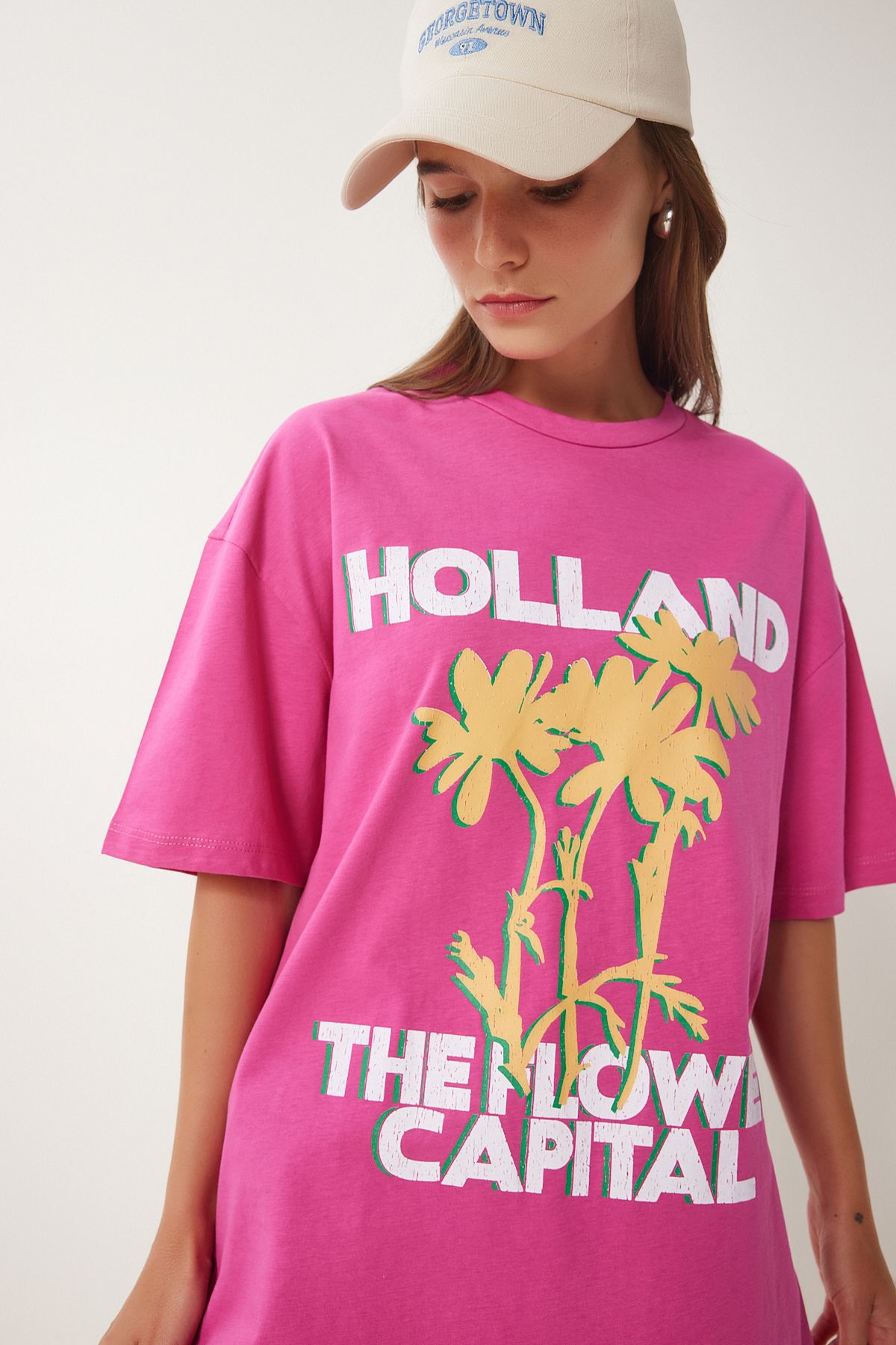 Koyu Pembe Oversize Baskılı Örme T-Shirt JH00054