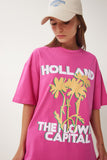 Koyu Pembe Oversize Baskılı Örme T-Shirt JH00054