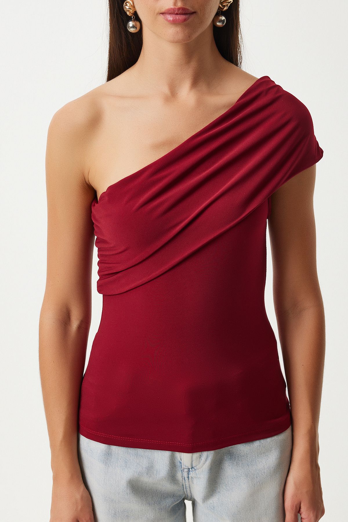 Bordo Tek Omuz Büzgülü Örme Bluz DZ00112