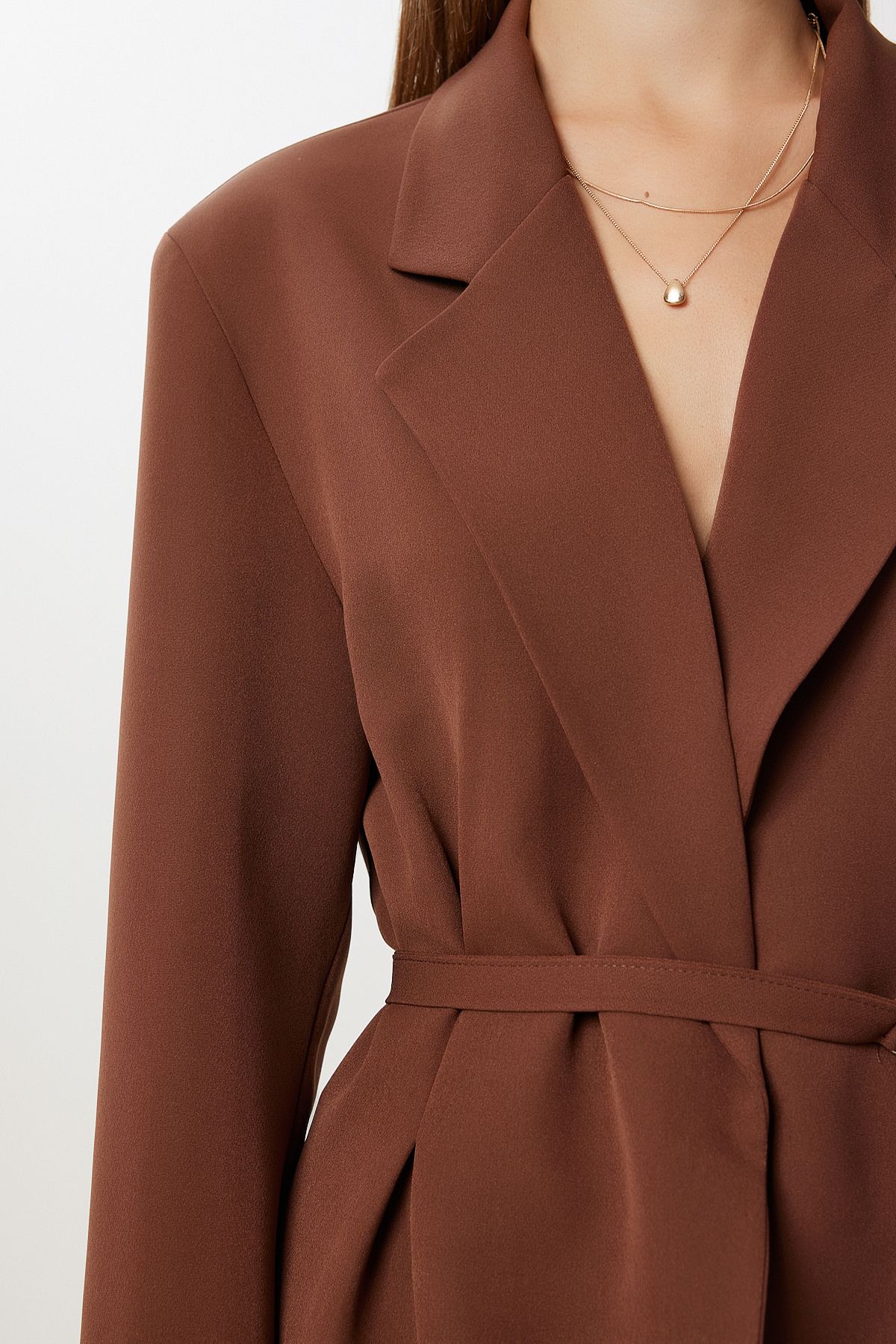 Kahverengi Vatkalı Kemerli Blazer Dokuma Ceket KT00023