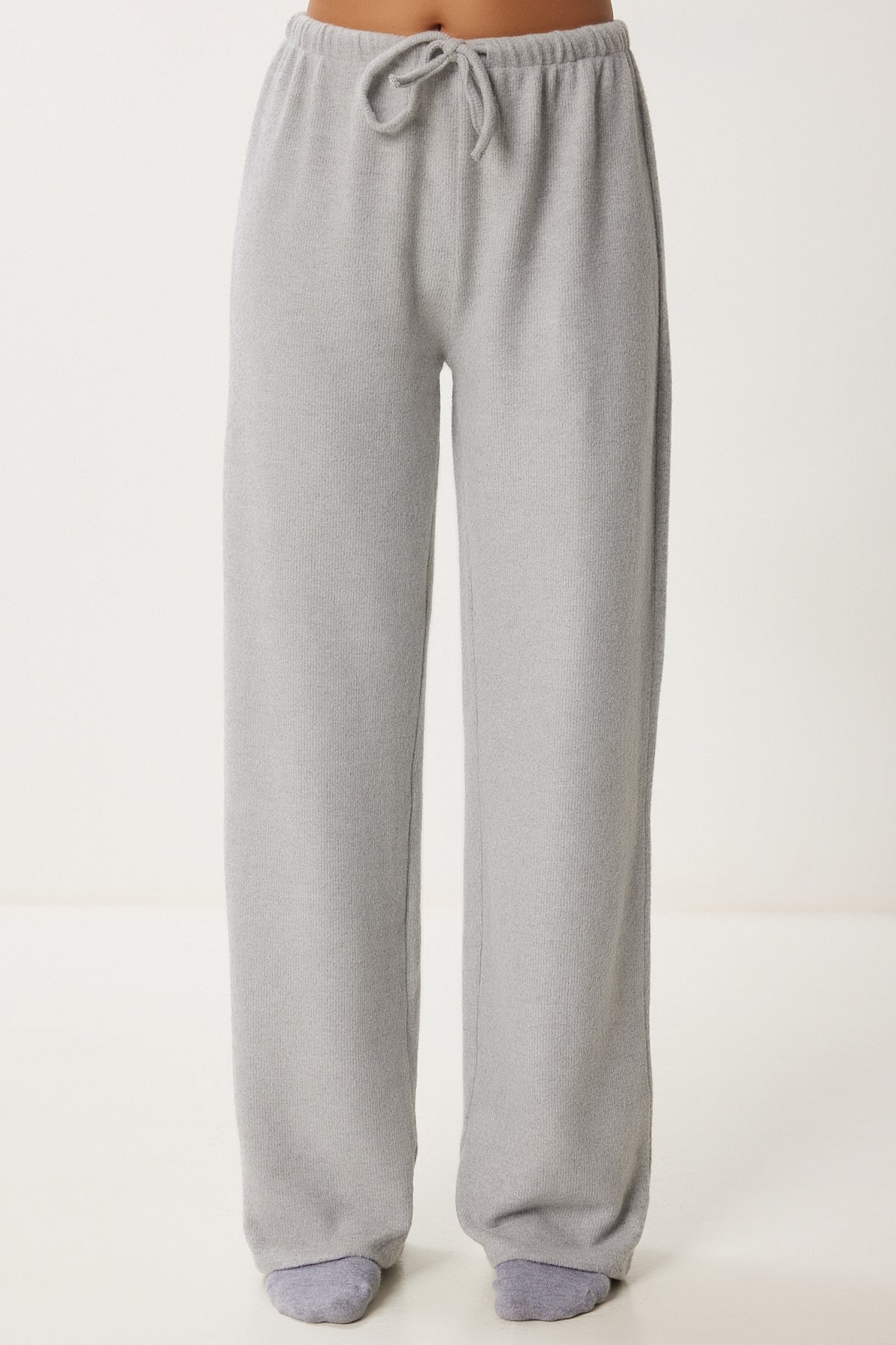 Gri Melanj Yumoş Bol Örme Pantolon UB00295