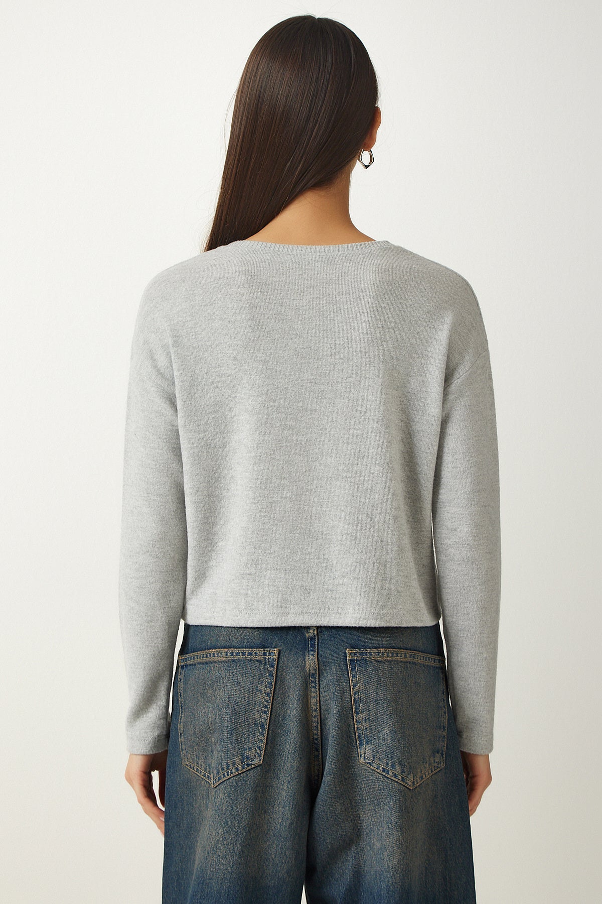 Gri Yumuşak Dokulu Crop Örme Bluz UB00214