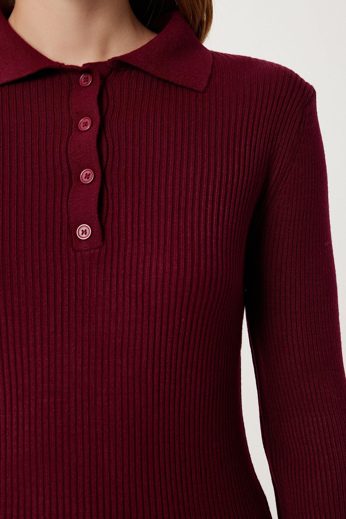 Bordo Polo Yaka Fitilli Örme Triko Kazak PF00119